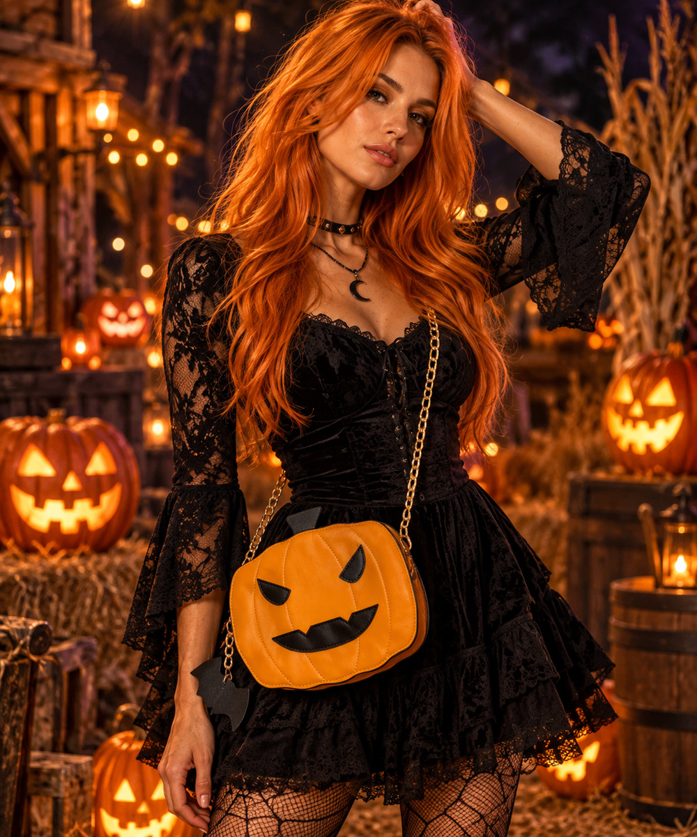 Halloween Pumpkin Purse Jack O Lantern Crossbody Bag Chain Strap Bat Charm